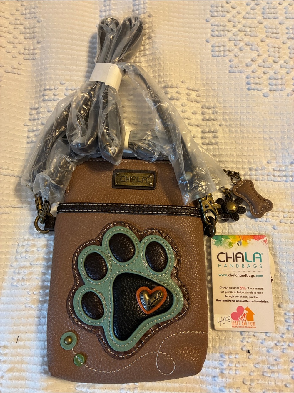 Chala Brown Crossbody Phone Bag with Teal Paw Accent